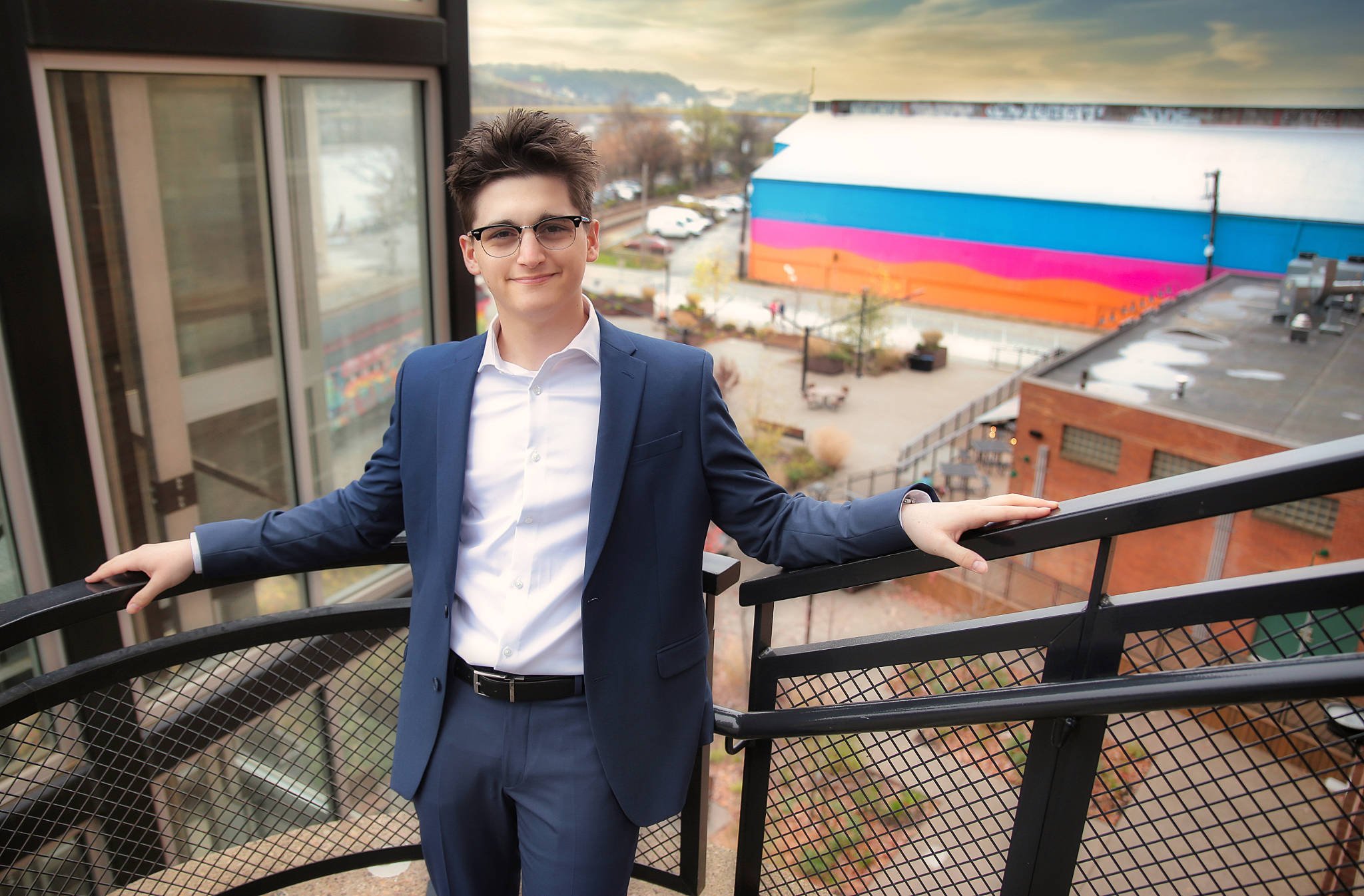 Senior portrait — Matthew on Pittsburgh rooftop